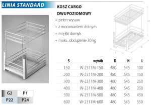 Kosz Cargo 60, 2-poziomowe, Chrom, Mocowanie Dolne, Cichy Domyk