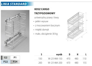 Kosz Cargo 20, 3-poziomowe, Srebrny, Mocowanie Boczne, Cichy Domyk