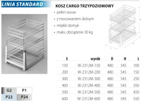 Kosz Cargo 30, 3-poziomowe, Srebrny, Mocowanie Dolne, Cichy Domyk